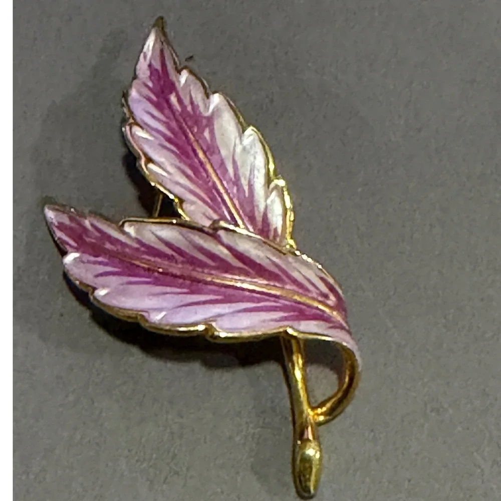 Double‎ Leaf Brooch Women Purple Gold Tone Enamel Pin